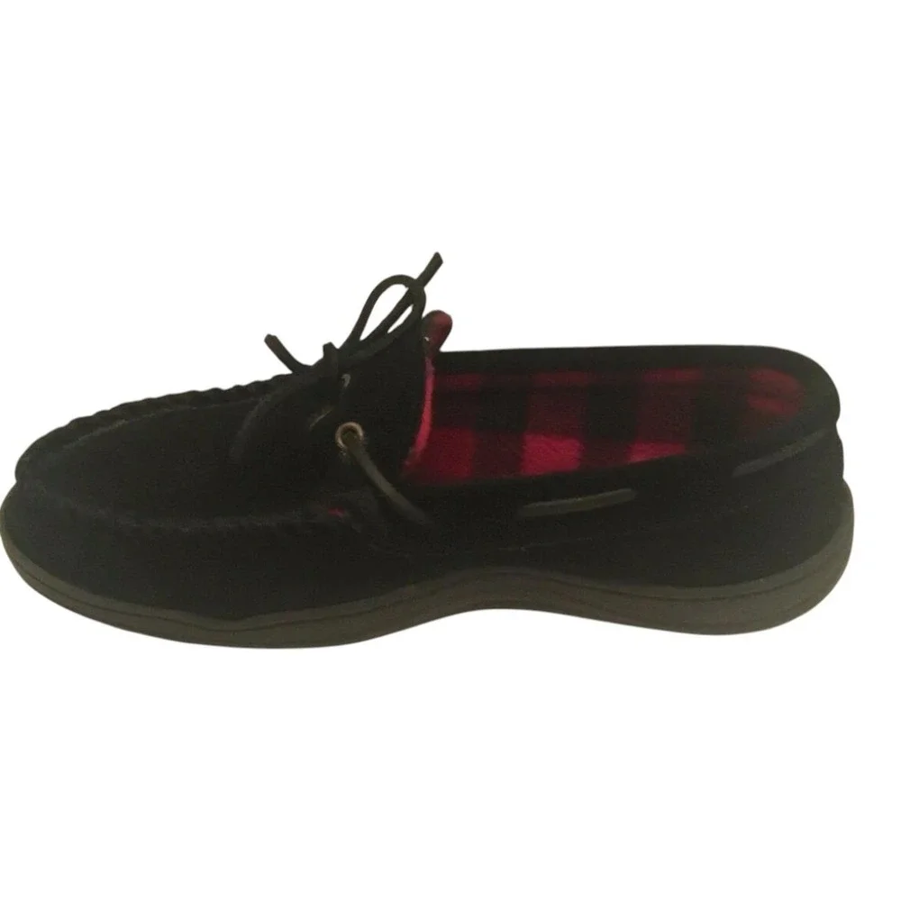 Clarks Mens Casual Moccasins Size 11M Black Leather Red Buffalo Plaid Lining